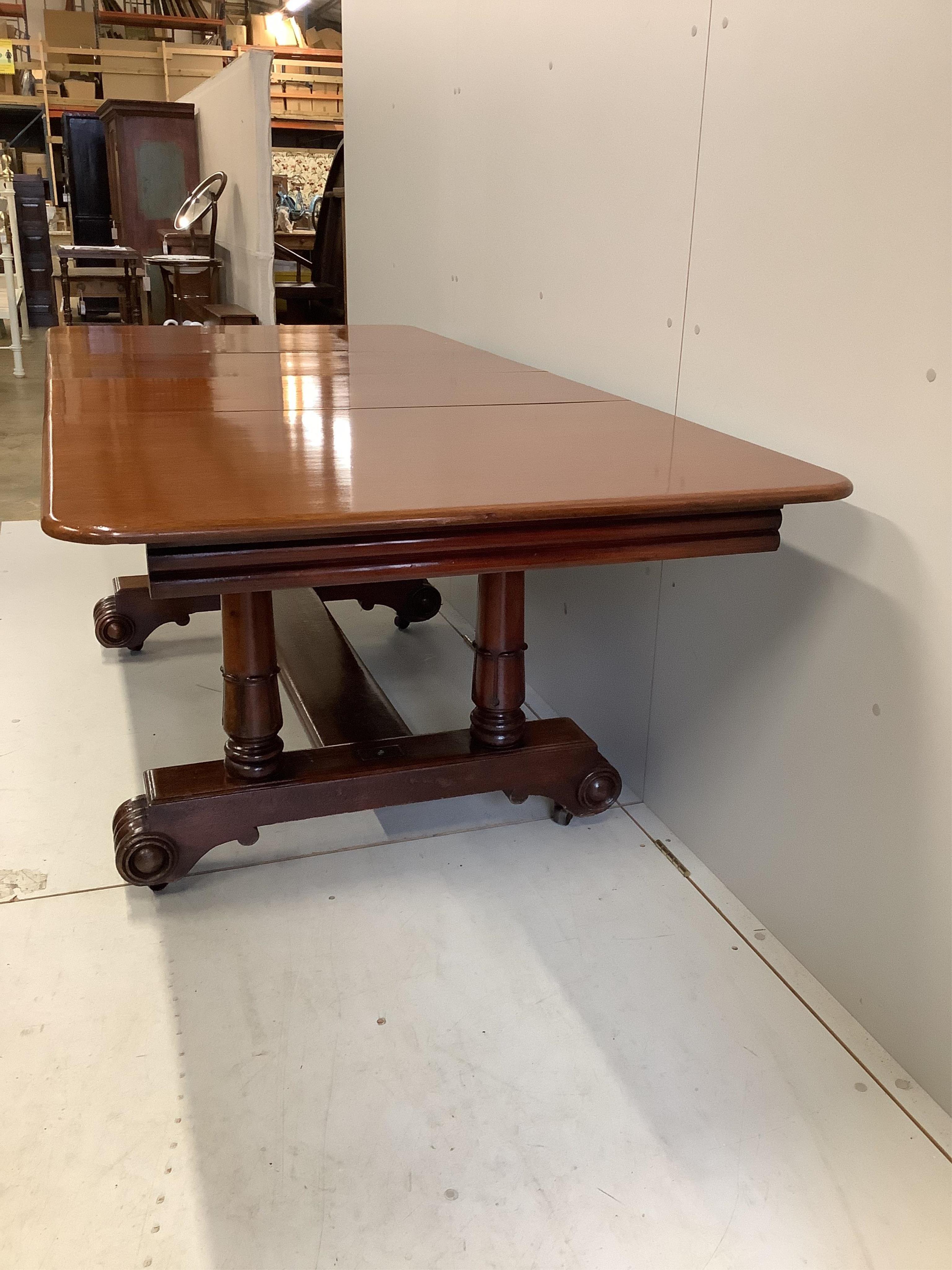 A William IV rectangular mahogany extending dining table, 207cm extended, two spare leaves, depth 95cm, height 77cm. Condition - fair to good, top has been repolished and offset when extended, not closing fully when not.